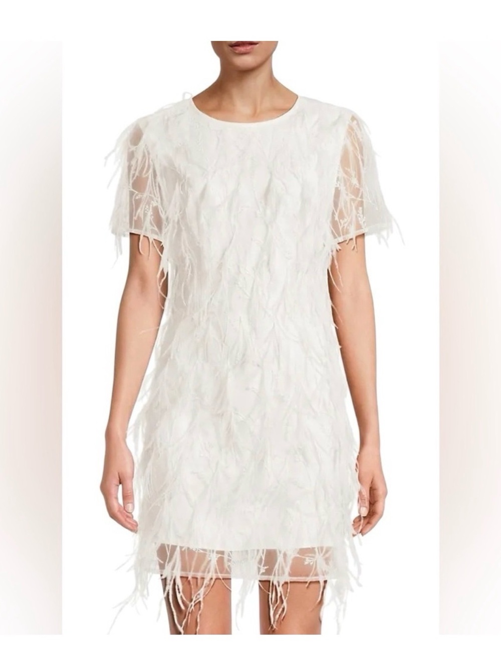 Milly White Feather-Texture Short Sleeve Shift Dress